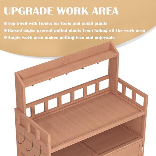Potting Bench Gardening Table Wooden Planting Workstation with Storage Cabinet, Top Shelf, Hooks, Raised Guardrail, Lockable Doors for Patio Backyard Greenhouse Yard Supplies Organizer - view 5