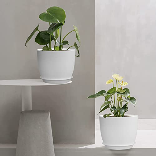 12/10/9 Large Plant Pots, Plastic Planters with Drainage Holes and Saucers for Indoor Outdoor Plants Flowers, White - view 6