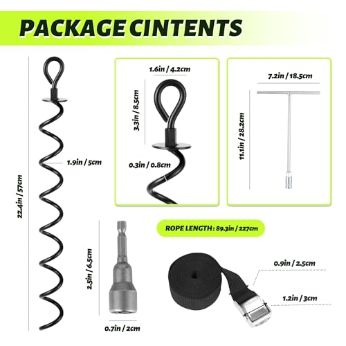 22.4 Inch Ground Anchor Screw in,4 Pack Trampoline Stakes Anchor Kit,Heavy Duty Spiral Windproof Tie Down Kit with T-Hook&Reinforced Safety Straps for Trampolines, Sheds, Playsets&Tents,Black - view 3