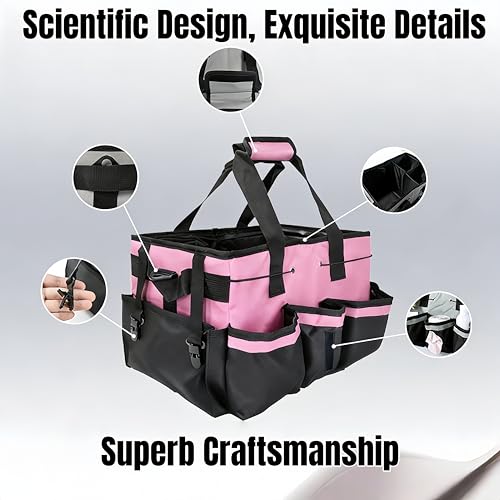 Multi - Purpose Cleaning Tool Organizer Tote Bag, Large Capacity with Adjustable Compartments, Portable Hand Strap & Adjustable Shoulder Strap for Cleaning, Gardening, Car Organization (Pink) - view 7