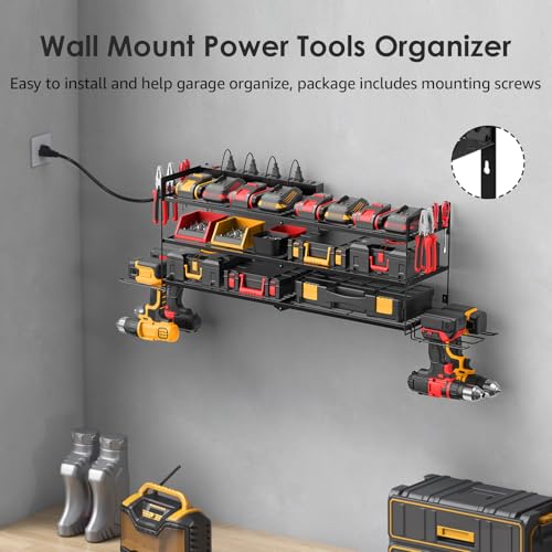 Large Garage Tools Storage with Charging Station. Power Tool Battery Organizer Utility Shelf with Power Strip. 4 Drills Holder Wall Mount Rack, Black 3 Layer. - view 3