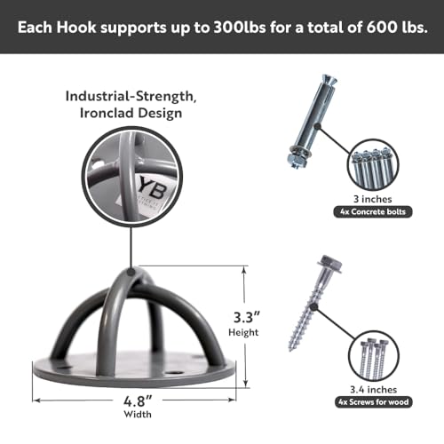 Ceiling Hooks - Industrial Strength Hold Up to 600 lbs, Includes Anchors & Bolts Yoga Starter Set - Suitable for Gym Rings, Suspensions, Indoor/Outdoor Use - view 6