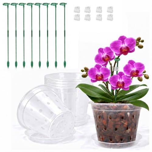 Orchid Pot -6 Pack 7 Inch Orchid Pots with Holes and Saucers, Clear Plastic Plant Pots with 8 Support Stakes and Clips, Orchid Repotting Kit for Indoor Plants (7 Inch)