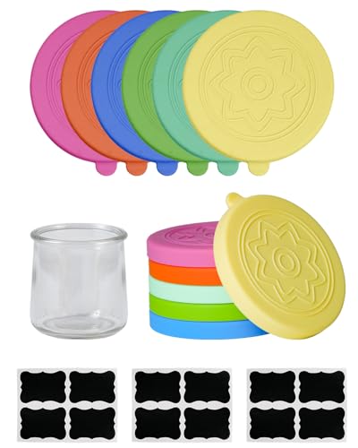 12 Pack Silicone Oui Yogurt Jar Lids with 8 Labels, Food-Grade Lids for 5Oz Oui Yogurt Jars, Reusable Silicone Canning Covers Perfect for Oui Yogurt Bottle, Green(Jar not Includ)