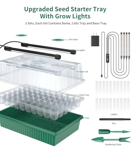 Seed Starter Tray, 120-Cells Seed Starter Kit with Grow Light, 2 Pack Reusable Seeding Starter Trays with Air Vent Humidity Domes for Greenhouse Gardening Indoor Planting Growing (Green Base) - view 5