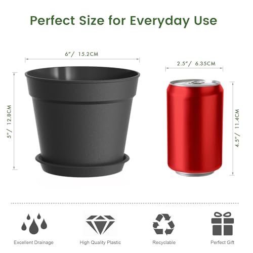 10 Pack 6 Inch Plant Pots with Drainage and Saucers, Black Plastic Flower Pots for Indoor and Outdoor Plants, Stackable Nursery Planters for Houseplants and Herbs, Black - view 5
