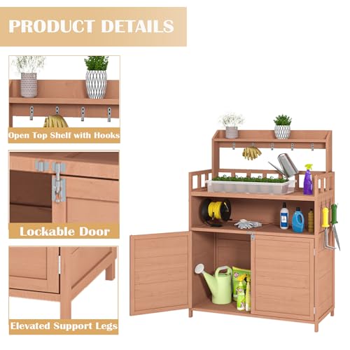Potting Bench Gardening Table Wooden Planting Workstation with Storage Cabinet, Top Shelf, Hooks, Raised Guardrail, Lockable Doors for Patio Backyard Greenhouse Yard Supplies Organizer - view 6