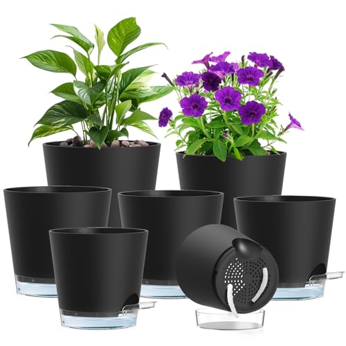 Self Watering Pots Set of 7 – Assorted Size 4" to 8" Indoor Plant Pots with Drainage Holes and Clear Reservoir for Visible Water Level, Plastic Wicking Planter for House Plants & Flower, Black