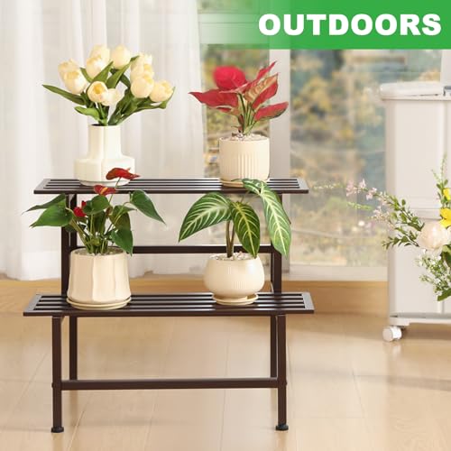 2 Tier Metal Plant Stand Outdoor Indoor,Ladder Plant Shelf,Coffee - view 5