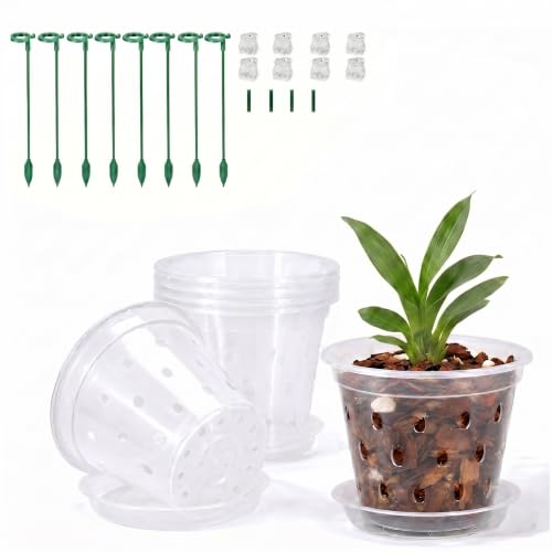 Orchid Pot -6 Pack 4 Inch Orchid Pots with Holes and Saucers, Clear Plastic Plant Pots with 8 Support Stakes and Clips, Orchid Repotting Kit for Indoor Plants
