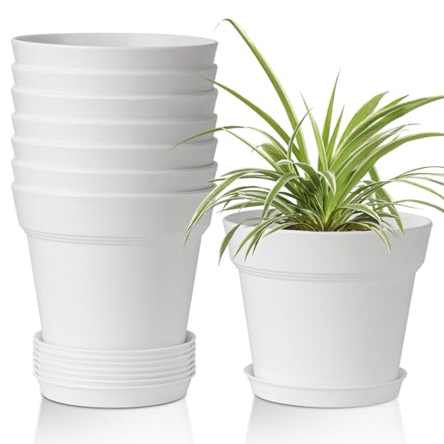 Plant Pots Indoor 6 Inch 8 Pack, Plastic Flower Pots with Saucer White