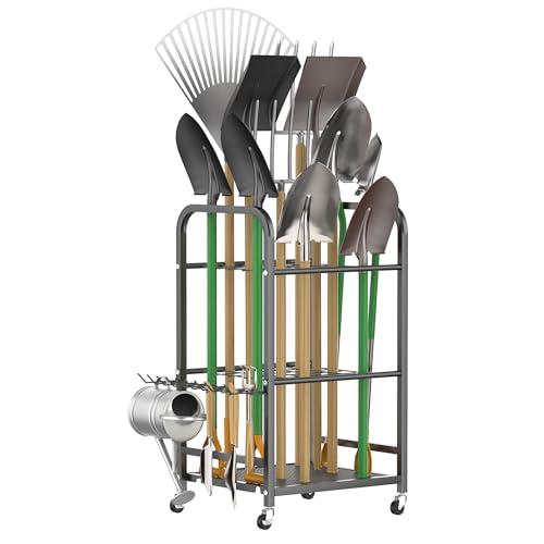 Garden Tool Organizer with Wheels, Rakes/Shovels/Yard Tools Stand