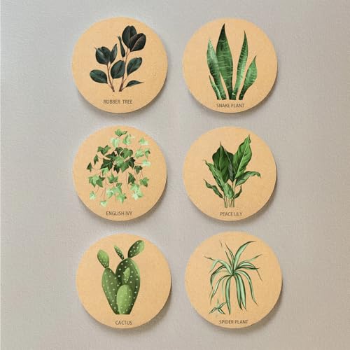 Plant Coasters for Drinks with Holder Set of 6, Illustration Absorbent Cork Coaster for Cup Desk Office Table Kitchen Decor House Warming Gifts for New Home Couples, Round 4" - view 3