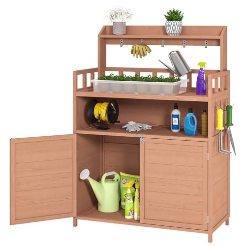 Potting Bench Gardening Table Wooden Planting Workstation with Storage Cabinet, Top Shelf, Hooks, Raised Guardrail, Lockable Doors for Patio Backyard Greenhouse Yard Supplies Organizer