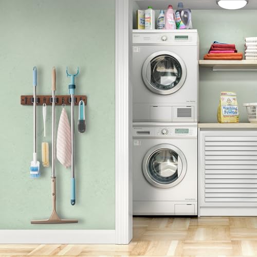 Mop Broom Holder Wall Mount with 3 Slots & 4 Hooks - Wood Broom Mop Hanger for Pantry Kitchen Organization - Garden Tool Organizer for Closet Laundry Room - for Rustic Farmhouse Kitchen Decor - view 2