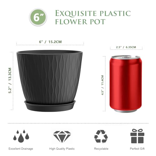 6 inch Plant Pots, 5 Pack Flower Pots with Drainage Holes and Saucers for Indoor Plants, Plastic Planters with Water Ripple for Small Garden House Plants, Nursery Pots for Succulent, Black - view 2