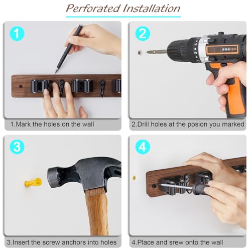 Mop and Broom Holder Wall Mount - Wood Broom Mop Hanger - Wall Mounted Garden Tool Rack Organizer for Closet Garage Laundry Room for Rustic Kitchen Decor With 5 Slots & 4 Hooks - view 7
