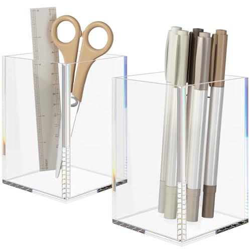 Acrylic Pen Holder for Desk, Clear Pencil Cup Organizer 2 Packs