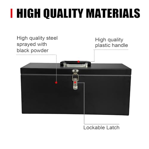 Small Steel Metal Tool Box, Lockable Storage Box for Storing Valuable Items, Office Documents, Garage Tools (16" Black) - view 3