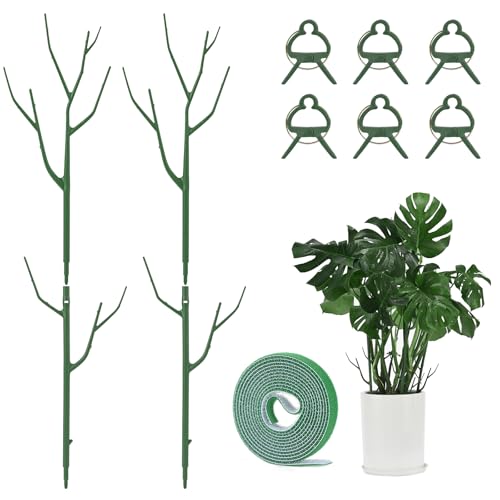 4 Pack Plant Support Stakes, Plant Stakes for Indoor and Outdoor Plants. 28inch Plant Sticks with Extension Poles, Plant Clips, Plant Ties for Potted Monstera Plants, Climbing Plants