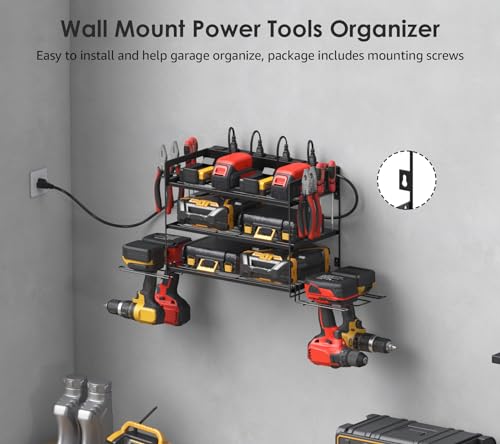 Garage Tools Storage with Charging Station. Power Tool Battery Organizer Utility Shelf with Power Strip. 4 Drills Holder Wall Mount Rack, Black 3 Layer. - view 3