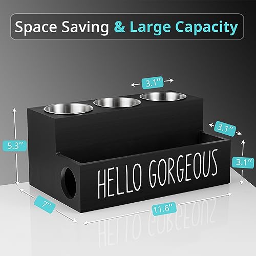 Hair Tool Organizer, Wooden Hair Dryer Holder Countertop, Wall Mount Hot Tools Organizer for Hair Styling Accessories, Bathroom Supplies Vanity Caddy for Curling Wand, Blow Dryer, Black - view 2
