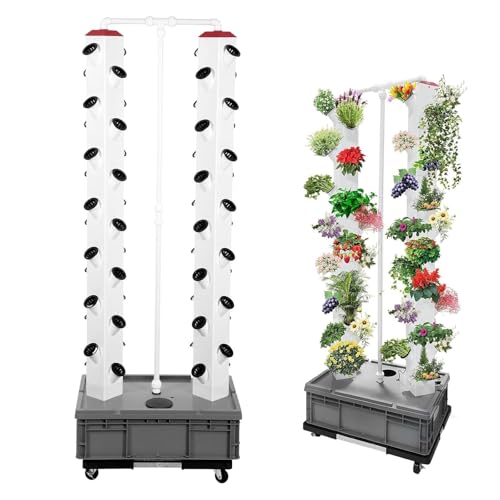 Hydroponics Tower Growing System Kit, 56 Planting Holes, 4 Wheels, Vertical Aeroponic Garden for Home Gardening Enthusiasts, Easy Setup and Maintenance