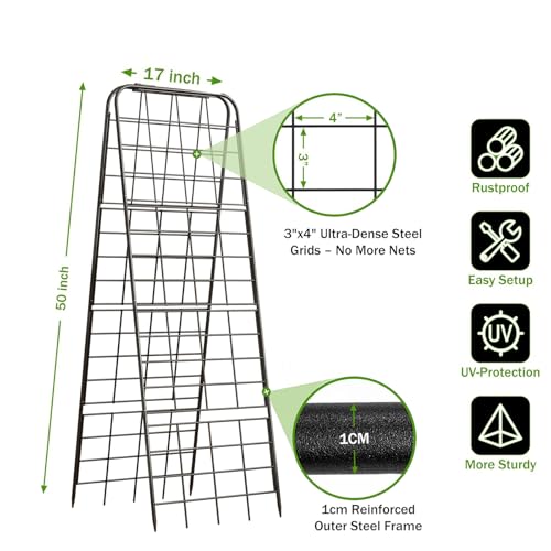 Heavy Duty 50"x17" Adjustable A-Frame Trellis for Climbing Plants – Rust-Proof Metal Garden Trellis with Dense Grid Design, Perfect for Raised Beds, Tomatoes, Cucumbers & Outdoor Vines (Black, 1 Pcs) - view 2