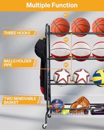 Basketball Rack with Wheels, 4 Tier Garage Ball Storage Organizer - view 2