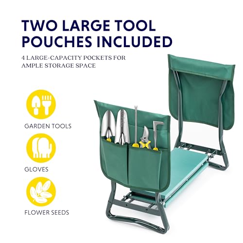 Garden Kneeler and Seat Foldable Kneeling Bench with Sturdy Soft EVA Foam Pad for Outdoor, Fishing, Camping, 2 Tool Pouches Included, Green - view 4
