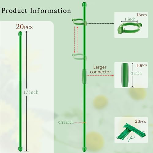 20Pcs Plant Support Stakes 17 inch Garden Orchid Sticks Extended to 3ft 4ft 5ft Plant Poles with Clips for Indoor Outdoor Potted Tomato Rose Amaryllis Vegetables Comes with 20 Ties（Green） - view 2