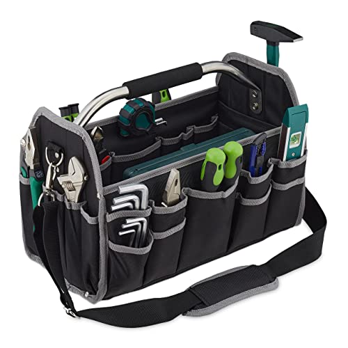 Tool Bag, Empty, Carrying Handle and Shoulder Strap, Open Equipment Carrier Box, HxWxD: 30 x 42 x 23 cm, Black