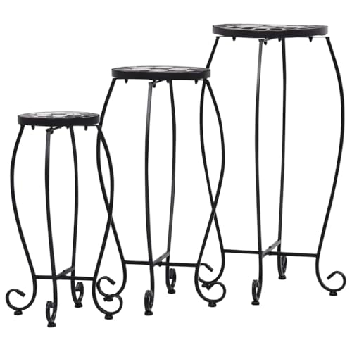 3 Piece Mosaic Table Set, Black and White Ceramic Tile Side Tables with Powder-Coated Iron Frame, Nesting Accent Plant Stands for Garden, Balcony, and Patio - view 3