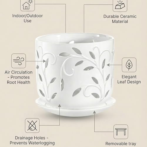 Ceramic Orchid Pots 5+6 Inch White with Drainage Holes & Tray, Breathable Airflow, Indoor & Outdoor - view 4