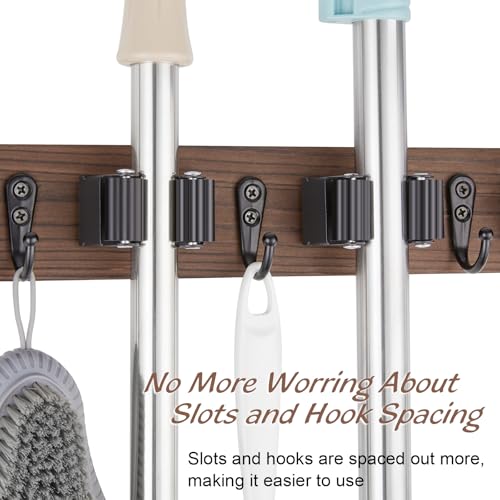 Mop and Broom Holder Wall Mount - Wood Broom Mop Hanger - Wall Mounted Garden Tool Rack Organizer for Closet Garage Laundry Room for Rustic Kitchen Decor With 5 Slots & 4 Hooks - view 5