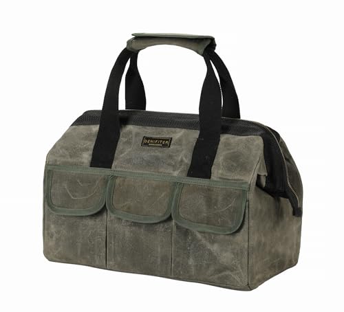 15 Inch Tool Bag, Heavy Duty Waxed Canvas Wide Mouth Water-Resistant Tool Pouch, Garden Tool Tote with 15 Pockets | ArmyGreen
