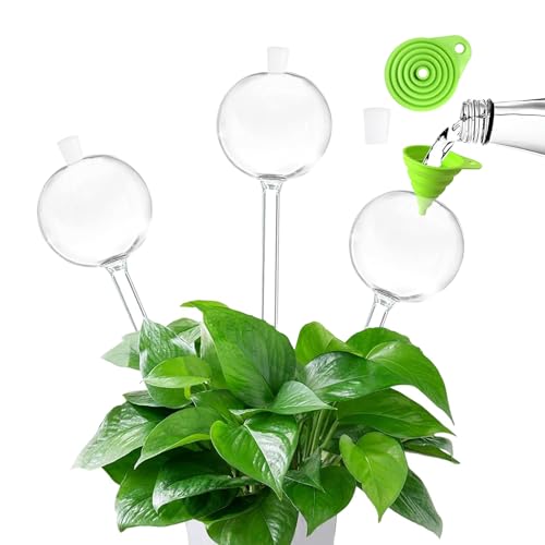 3 PCS Top-Fill Self Watering Globes, Automatic Plant Watering Devices, Transparent Self Watering Planter Insert, Durable Clear Glass Aqua Bulbs for Indoor, Ball Shape, & Funnel