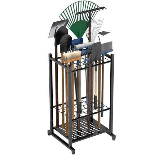 Garden Tool Organizer, Garage Tool Organizer & Garage Organization, Heavy Duty Steel Tool Storage Rack Holds 35 Rakes, Brooms Tools, Broom Holder and Mop Holder, Shed Organizer for Home Organization