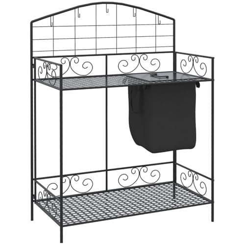 Folding Potting Bench Table, Metal Garden Workstation, Work Bench with Build-in Bag, 5 Hanging Hooks & Storage Shelf, Outdoor Table Potting Shelf for Plant Accessories & Gardening Supplies Storage