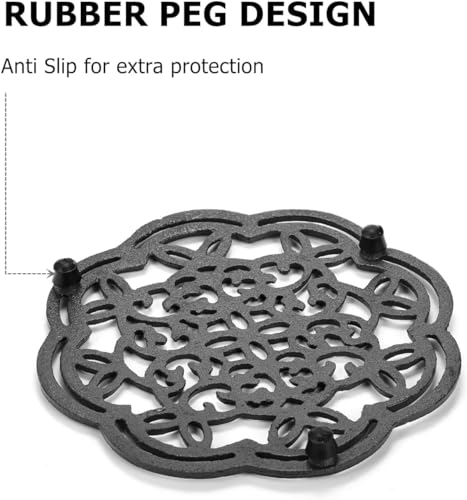 2 Pack Cast Iron Trivet Heavy Duty, 7.7 inch Round Metal Trivet for Hot Pans or Teapot, Rustproof Pot Stands Holders with Rubber Pegs for Countertop, Dining Table, Kitchen Farmhouse Decoration - view 4