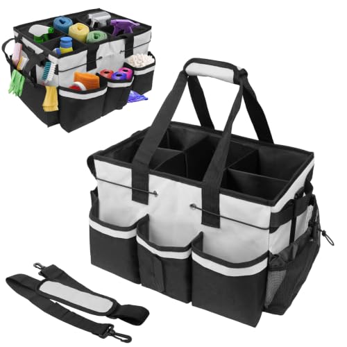 Large Cleaning Caddy Bag with Handle, Built-in Sturdy Support Board, Adjustable Shoulder Strap, Multi-compartment Design Cleaning Supply Tote for Cleaners & Housekeepers (White)