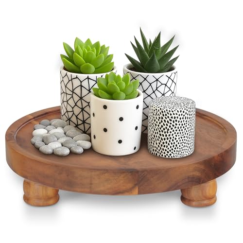 Acacia Wood Round Tray, 10 in Pedestal Riser Stand for Plant Decor