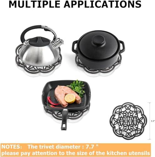 2 Pack Cast Iron Trivet Heavy Duty, 7.7 inch Round Metal Trivet for Hot Pans or Teapot, Rustproof Pot Stands Holders with Rubber Pegs for Countertop, Dining Table, Kitchen Farmhouse Decoration - view 3