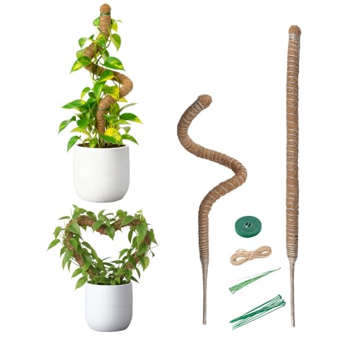2 Pack 31.5 Inch Bendable Moss Pole for Plants Monstera - Coco Coir Plant Support Stakes for Climbing Indoor Pothos, Potted Climbers & Philodendron - Flexible Stick Kit with Full Garden Ties