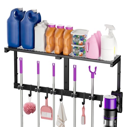 Heavy Duty Broom Holder Wall Mount, All-Metal Mop Rack with Storage Shelves