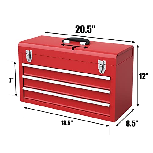 21-inche Tool Box, Portable 3 Drawer Steel Toolbox with Top Storage Tray & Carrying Handle, Double Latch System, Tool Storage Chest Hand Carry Tool Cases for Garage Trunk Household, Red - view 3