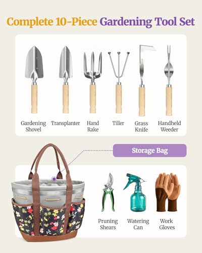 10Pcs Garden Tool Set, Rust-Proof Stainless Steel, Ash Wood Handles - view 3