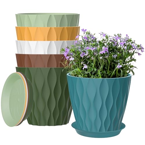 6 Pack 7 Inch Plant Pots with Drainage and Saucers, Multicolour Plastic Flower Pots for Indoor and Outdoor Plants, Stackable Nursery Planters for Houseplants and Herbs, Multicolour