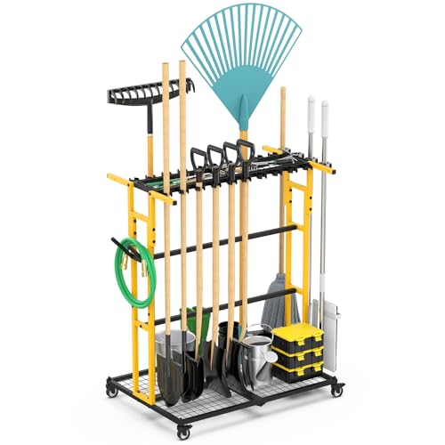 Garage Organization with Wheels, Outdoor Gargen Yard Shed Tools Organizer Cart, Home Storage for Cleaning Supplies Organizer, Broom Holder, for Shovel and Rake, Long Farming and Farming Tools.
