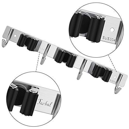 Broom Mop Holder Wall Mount, Garage Organization Tool Organizer Storage Broom Closet Kitchen Organization Heavy Duty Garage Tools Hanger with 3 Racks 4 Hooks for Home Kitchen Garden Laundry Room - view 2
